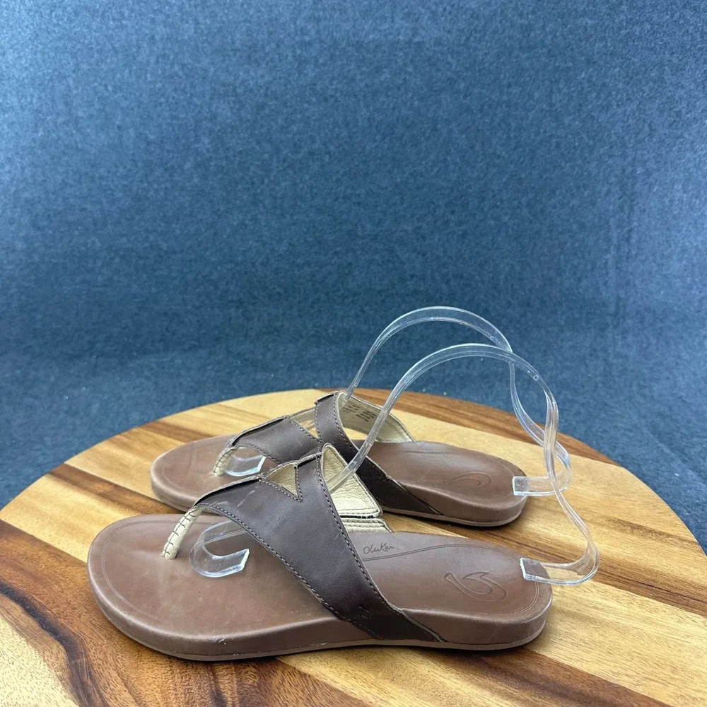 OluKai LALA Brown Leather Thong Flip Flops Slide Sandals Women's Size US 8
